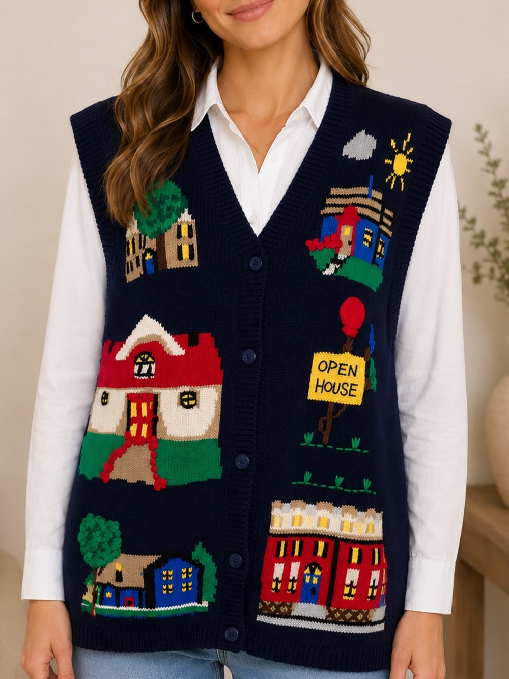 The Eagle's Eye 1994 Vintage Women’s Size M Sweater Vest Houses Real Estate Knit